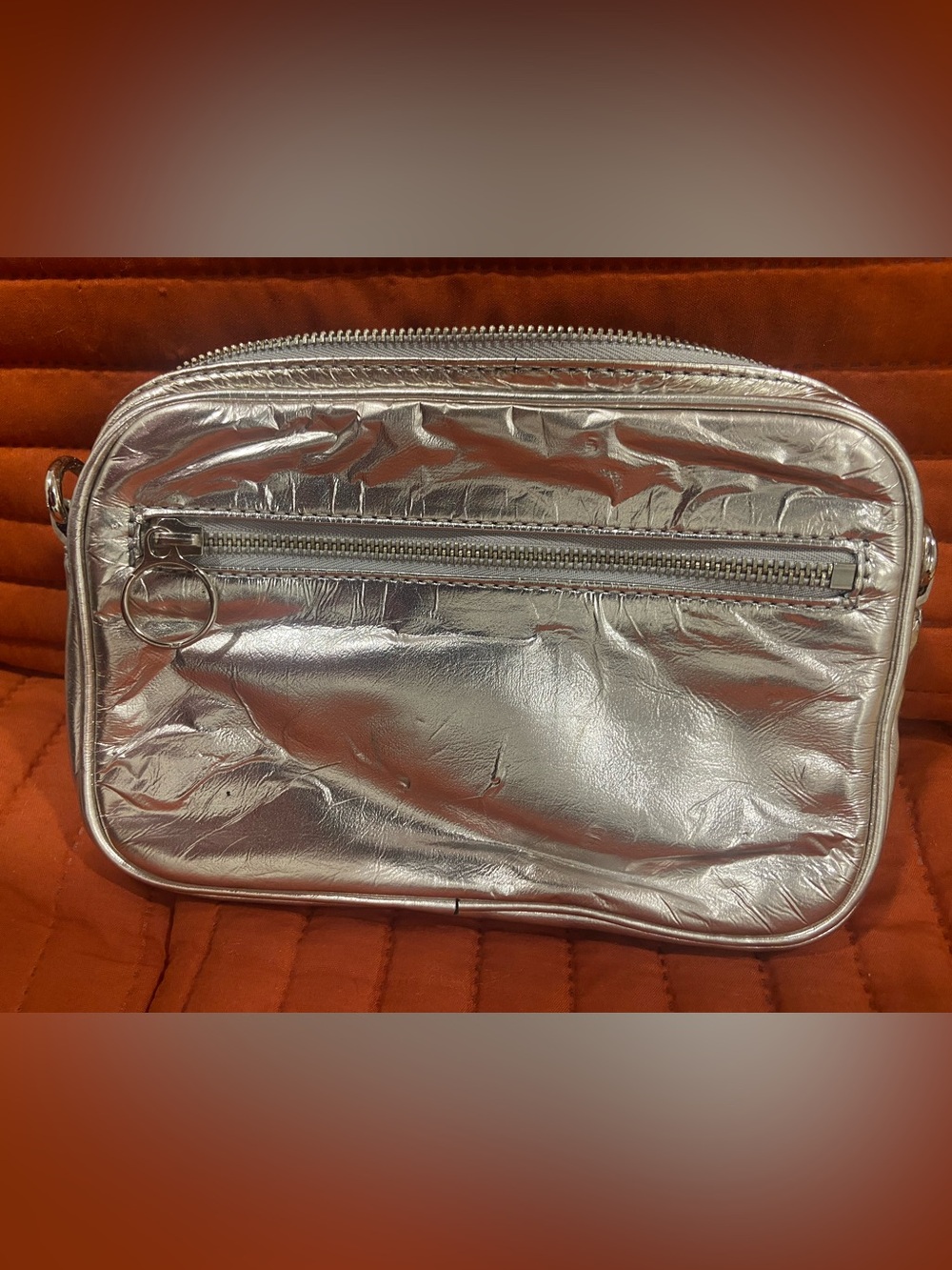 Metallic Silver Clutch / Crossbody Bag with Front Zip Pocket